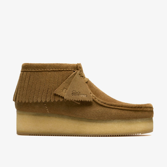Clarks Women Wallabee Wedge Fringe Light Tan Suede